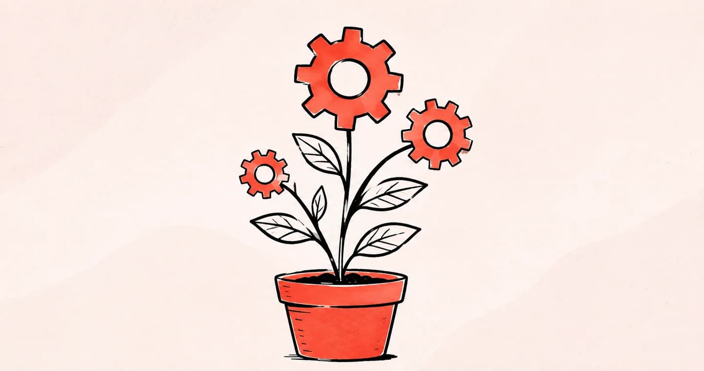Gears growing as flowers from a small business plant, drawn in black ink with coral accents on lightly textured paper.