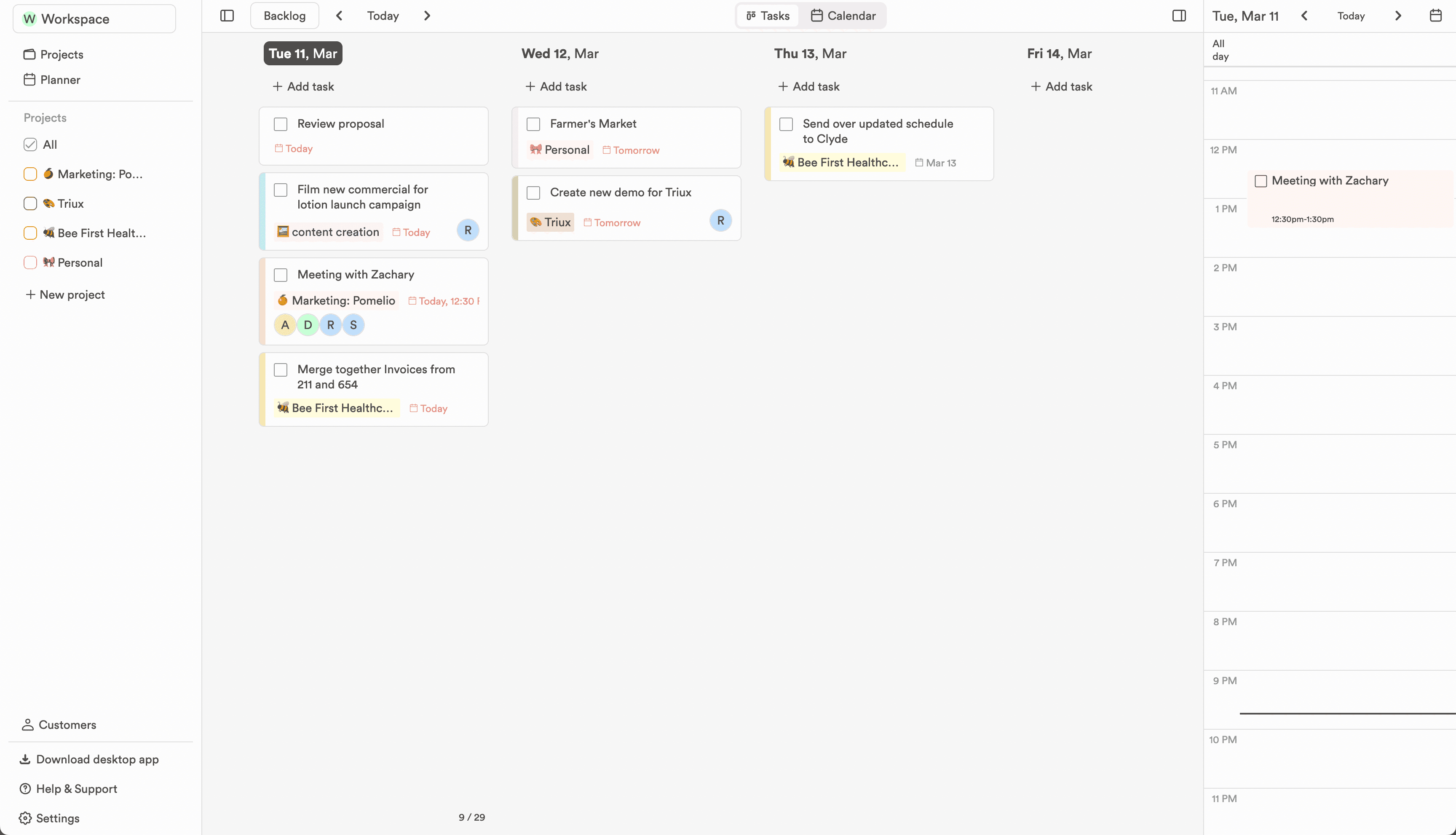 Kanban board in the ProjectBook app